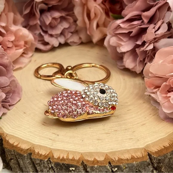 Pale Pink and Silver Crystal Bunny Rabbit Keychain Charm - Picture 8 of 12
